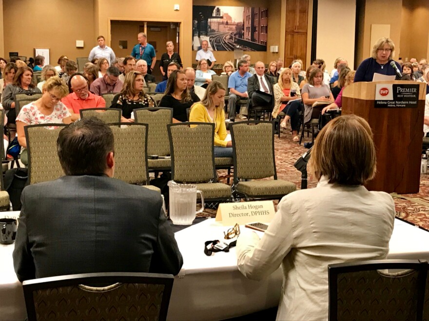 Montana Behavioral Health Alliance Executive Director Mary Windecker testifies at a state health department listening session in Helena August 1, 2018.