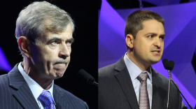 Massachusetts Secretary of State Bill Galvin, at left, and his Democratic challenger, Boston City Councilor Josh Zakim, both at the state Democratic Party Convention in June 2018.