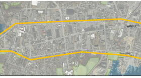 This map shows the outline of the project that aims to improve traffic flow and improve pedestrian movement and safety in Hyannis.