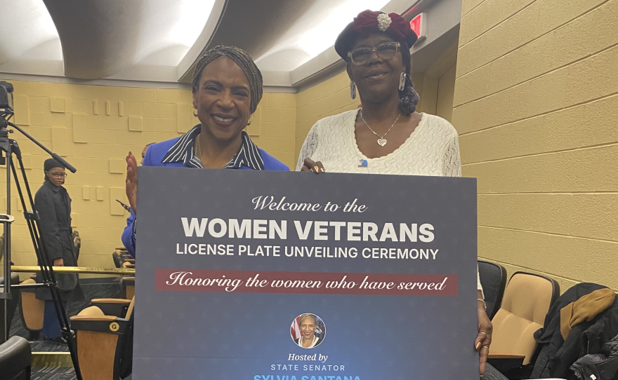 Alexis Derriso (right), founder of Motown Women Veterans Association, at the Michigan Women Veteran License Plate reveal ceremony on Nov 10, 2025.