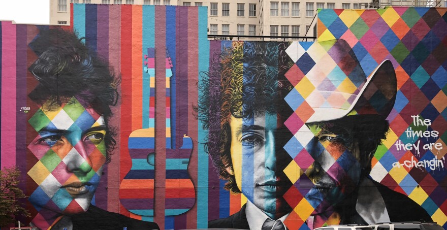 Find this Bob Dylan mural by artist Eduardo Kobra at 5th and Hennepin Avenue in Minneapolis, MN.