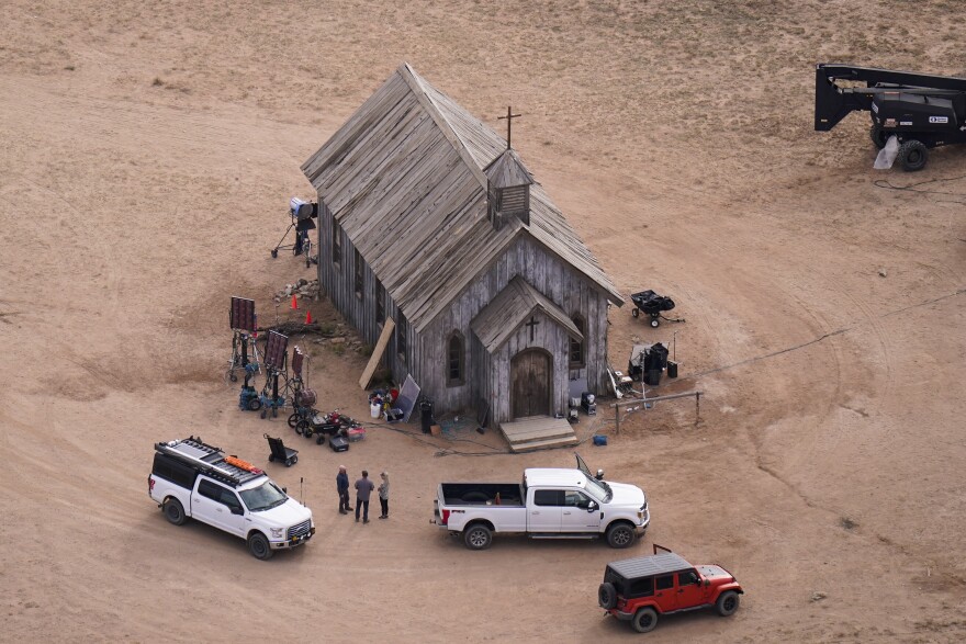 FILE - This aerial photo shows the Bonanza Creek Ranch in Santa Fe, N.M., on Oct. 23, 2021. Film-set armorer Hannah Gutierrez-Reed will appear before a judge during a remote court hearing scheduled for Wednesday, July 19, 2023, in connection to charges related to the 2021 shooting death of a cinematographer. (AP Photo/Jae C. Hong, File)