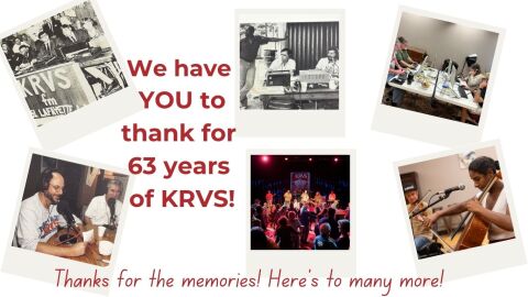 Clockwise from top right: An early gathering of KRVS advisors and staff; Program hosts Herbert Wiltz, Pete Bergeron and "Nonc" Jules Guidry at a live festival broadcast; Membership drive phone volunteers; Louis Michot and Layla McCalla in the Cypress Lake Studio; KRVS' Fundraising Fais-do-do at the Acadiana Center for the Arts; Longtime General Manager Dave Spizale and Blues Box host Raoul Breaux