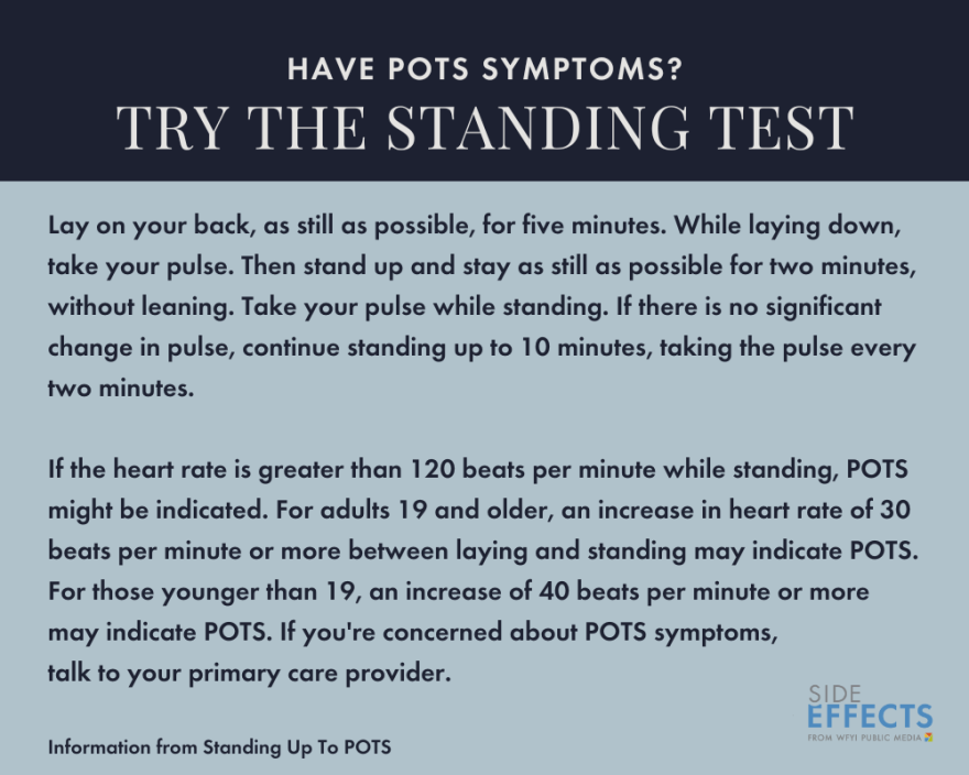 have pots symptoms? TRY THE standing test: Lay on your back, as still as possible, for five minutes. While laying down, take your pulse. Then stand up and stay as still as possible for two minutes, without leaning. Take your pulse while standing. If there is no significant change in pulse, continue standing up to 10 minutes, taking the pulse every two minutes.
If the heart rate is greater than 120 beats per minute while standing, POTS might be indicated. For adults 19 and older, an increase in heart rate of 30 beats per minute or more between laying and standing may indicate POTS. For those younger than 19, an increase of 40 beats per minute or more may indicate POTS. If you're concerned about POTS symptoms,
talk to your primary care provider.
Information from Standing Up To POTS
