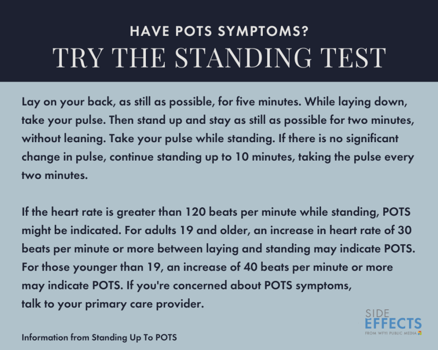 have pots symptoms? TRY THE standing test: Lay on your back, as still as possible, for five minutes. While laying down, take your pulse. Then stand up and stay as still as possible for two minutes, without leaning. Take your pulse while standing. If there is no significant change in pulse, continue standing up to 10 minutes, taking the pulse every two minutes. 

If the heart rate is greater than 120 beats per minute while standing, POTS might be indicated. For adults 19 and older, an increase in heart rate of 30 beats per minute or more between laying and standing may indicate POTS. For those younger than 19, an increase of 40 beats per minute or more may indicate POTS. If you're concerned about POTS symptoms, 
talk to your primary care provider.

Information from Standing Up To POTS
