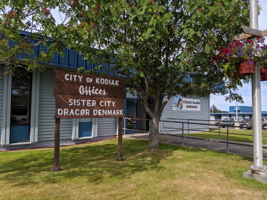 The City of Kodiak sign at the Kodiak Island Borough Building. (Photo by Kavitha George/KMXT)