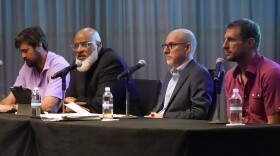 Tony Clark, second from left, executive director of the Major League Baseball Players Association, appears at a news conference with, from left, free agent pitcher Andrew Miller, chief union negotiator Bruce Meyer and New York Mets pitcher Max Scherzer on Tuesday, March 1, 2022, in Jupiter, Fla. The players' union has launched a $1 million fund to assist workers impacted by canceled games.