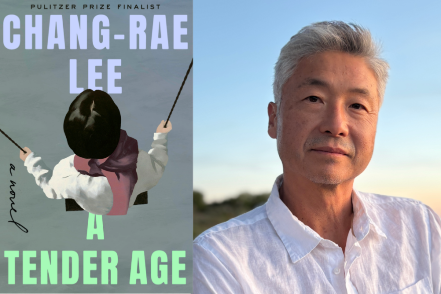 The cover of "A Tender Age" beside Chang-Rae Lee. (Courtesy of Michelle Lee)