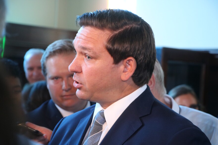 Florida Governor Ron DeSantis speaks with reporters Monday, September 9, 2019 at Florida State University.