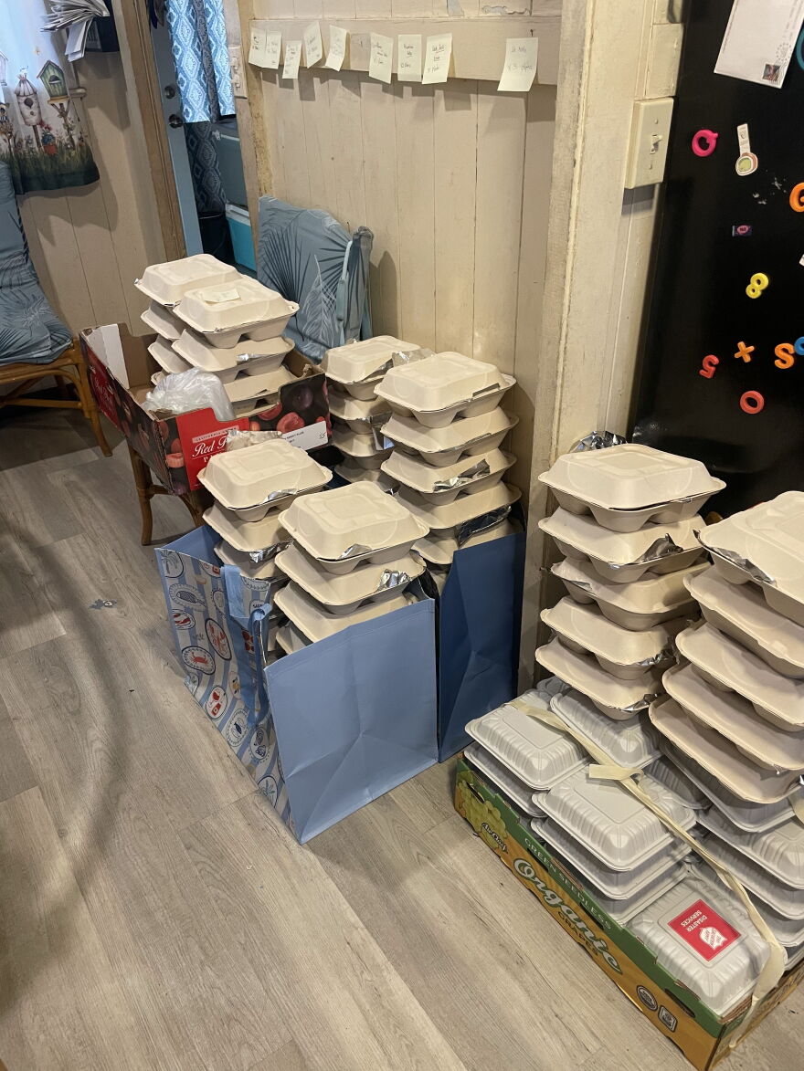 Stacks of bentos made by Damian and Donna Loo, plus dozens of volunteers who helped out to cook and deliver meals for kūpuna who weren't able to access their normal daily delivered meals.