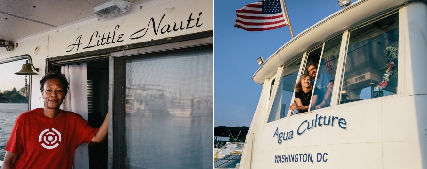 Left: Kim Curry aboard her boat, <em>A Little Nauti</em>. "I searched for a name that was kind of whimsical and would make me smile," she says. "I'm not really very naughty but just a little nauti!" Curry moved to Gangplank in 2014. Right: Jeanie and Gary Blumenthal, both 63, aboard Agua Culture, named for Gary's job in agriculture and their love of the culture at the marina.
