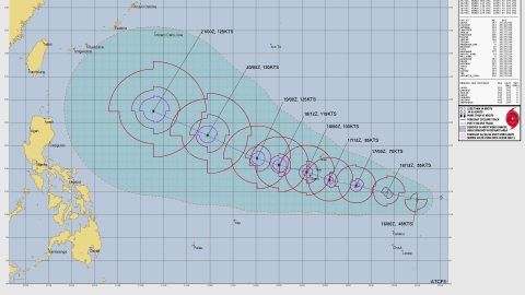 Forecast track of Tropical Storm Champi as of 1 p.m. Friday, Oct. 16, 2026. The storm is forecast to pass over or near Guam as a Category 2 or 3 typhoon.