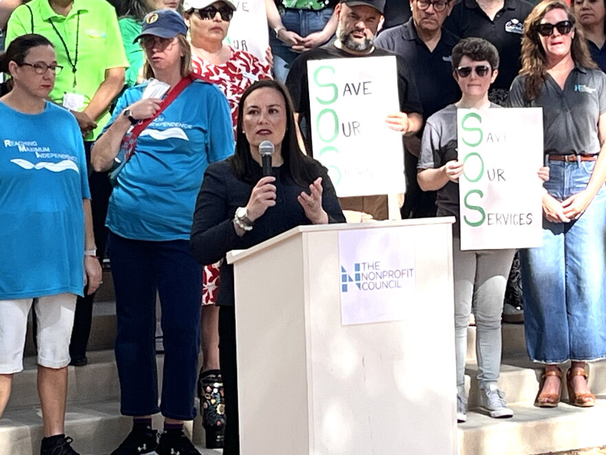 Mayor Gina Ortiz Jones speaks at the City Hall rally for nonprofits about fiscal responsibility and the city council's need to work together on budget decisions