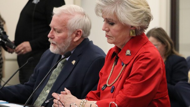GOP Rep. Jennifer Decker of Waddy looks on as Rep. DJ Johnson of Owensboro tells a Senate committee about the significant additions made to House Bill 139, which started as a bipartisan elections clean-up bill.