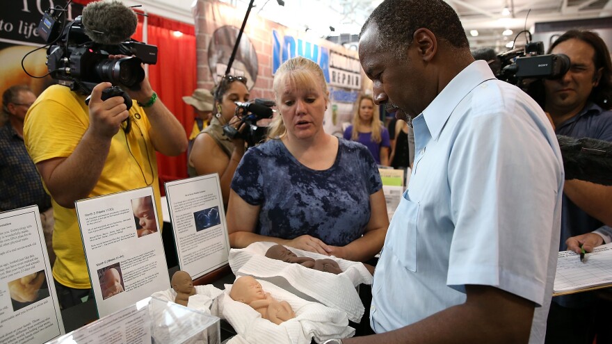 Carson looks at a display of fetus models at the "Iowa Right to Life" booth at the Iowa State Fair.