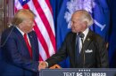 Former President Donald Trump, left, shakes hands with South Carolina Gov. Henry McMaster at a campaign event at the South Carolina Statehouse, Saturday, Jan. 28, 2023, in Columbia, S.C. (AP Photo/Alex Brandon)
