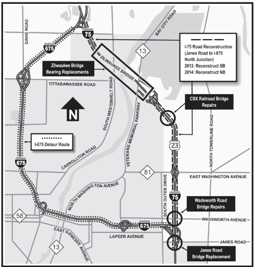 Construction projects and detour routes for the I-75 Zilwaukee Bridge. 