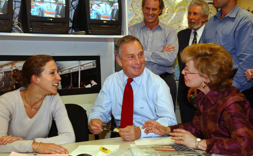 Bloomberg talks with his daughter Emma (left) and sister Marjorie Tiven as they watch televised election reports on Sept. 25, 2001, in New York City. Bloomberg easily won the Republican primary over Herman Badillo.