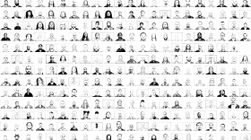 A large black-and-white collage composed of hundreds of individual head-and-shoulders portraits arranged in neat rows, like a checkerboard. Each portrait shows a different person’s outline against a plain background, creating a dense grid of faces across the entire image. The overall effect emphasizes scale and diversity rather than any single individual.