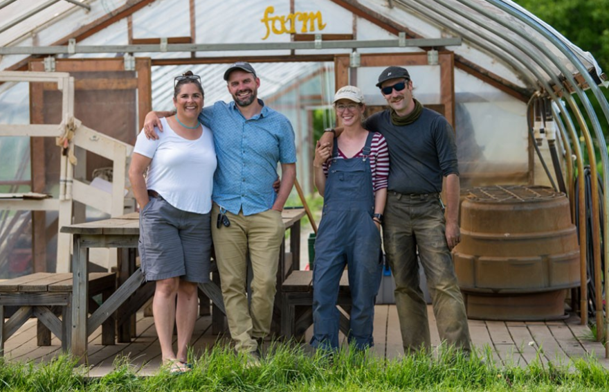 Original owners of Half Pint Farm, Mara and Spencer Welton (left), with new owners Emily and Sean Mitchell.