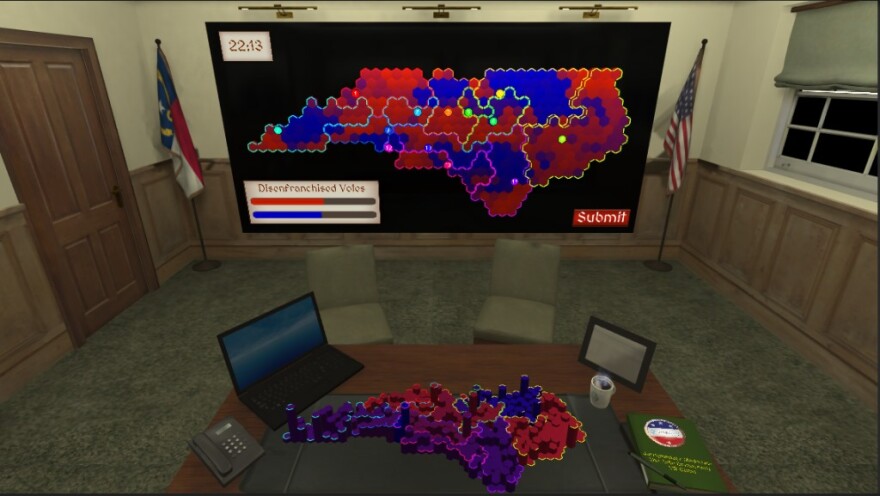 The VR game 'Gerrymander Madness' allows players to redistrict North Carolina's legislative maps for political gain.