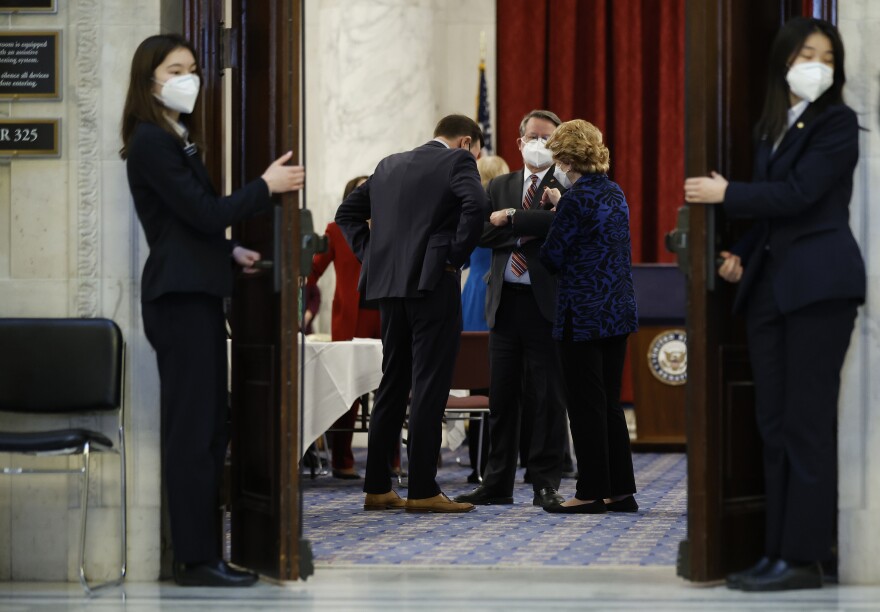 Senate Democrats caucus at luncheon with President Biden last week over voting rights legislation and possible changes to filibuster rules.