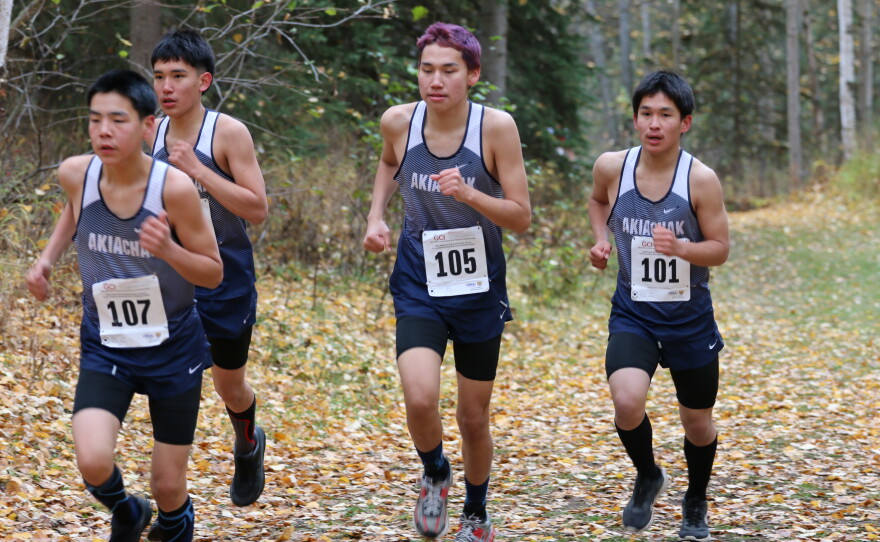 Runners compete at the ASAA cross-country running state championships in Anchorage on Oct. 3, 2026.