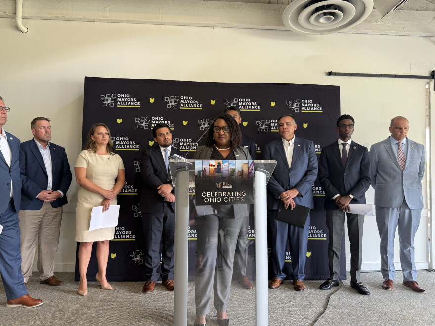 Members of Ohio Mayors Alliance talk to reporters about policy recommendations they are making for Ohio's next governor and General Assembly.