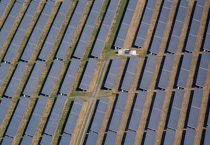 Solar panels on a farm, from above
