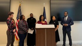 Senator Lashrecse Aird, flanked by (from left) Birth-in-Color's Galina Varchena, Kenda Sutton-El and Dana Williams, Delegate Destiny LeVere Bolling and Richmond Mayor Levar Stoney. (Photo by Brad Kutner, Radio IQ)