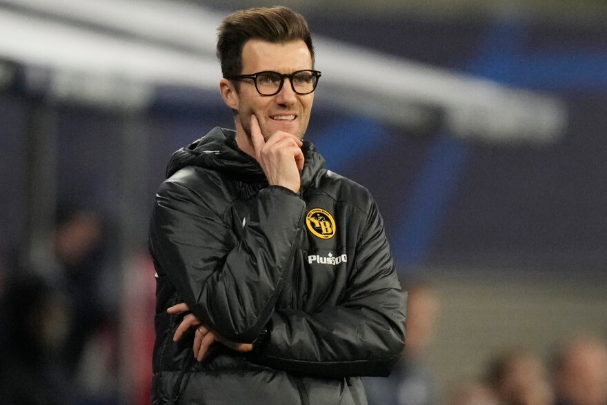 Raphael Wicky watches during the group G Champions League soccer match between RB Leipzig and Young Boys Bern at the Red Bull arena stadium in Leipzig, Germany, Dec. 13, 2023.