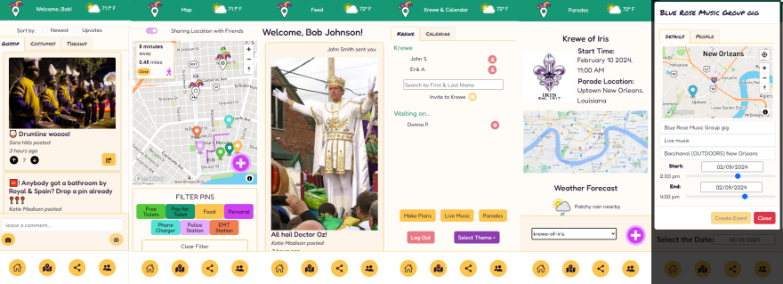 Pardi Gras web app pages