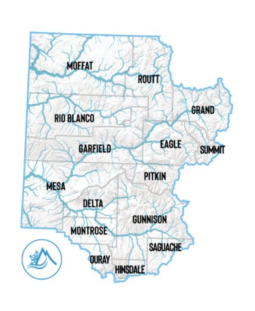 A grey and blue map shows much of Western Colorado and has county lines indicating which ones are represented in a water deal. 