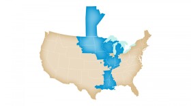 A map of the grid served by the Midcontinent Independent System Operator (MISO). States and a Canadian province in this grid could be at risk for an energy emergency this summer.