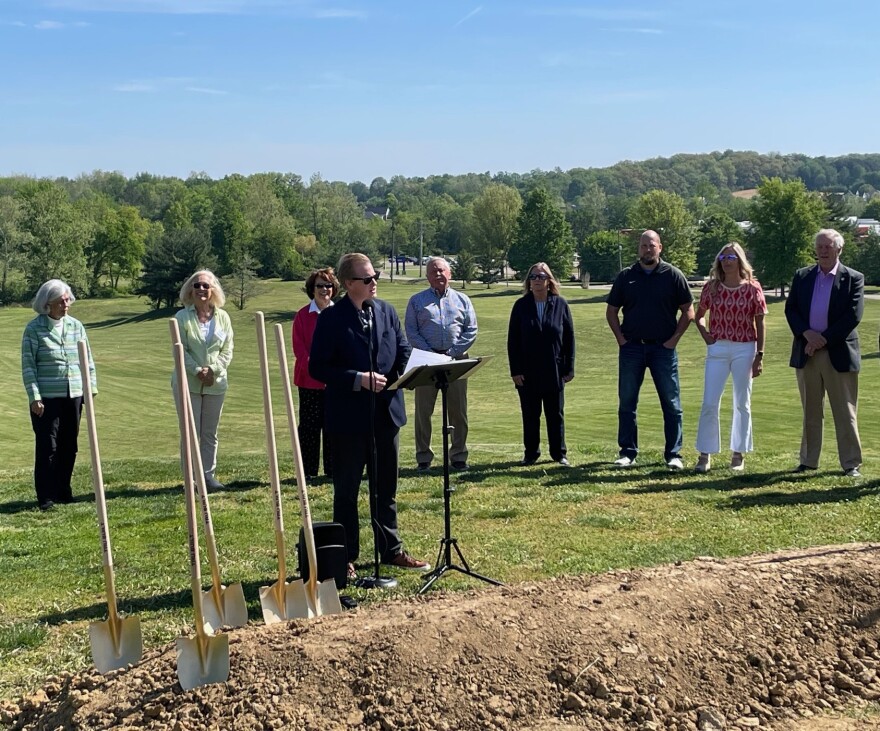 McCutchanville Greenway President Neil Woods speaks at a groundbreaking for the green space, April 21, 2026