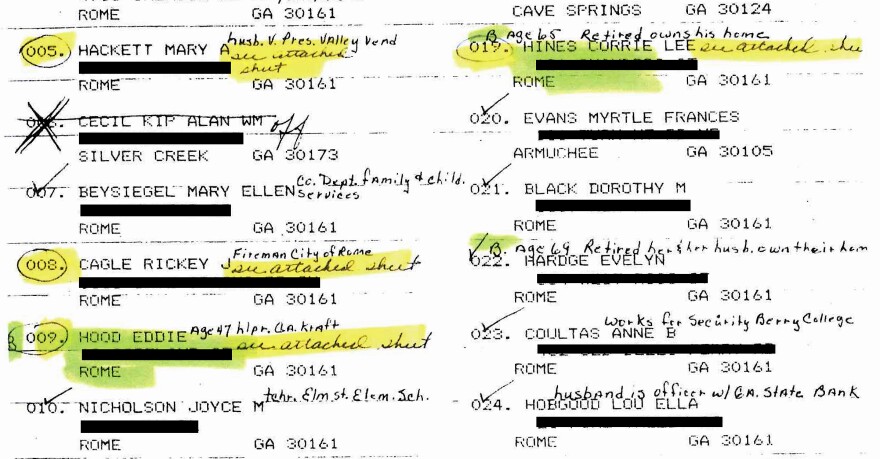 At Timothy Foster's 1987 trial, the names of prospective black jurors were highlighted in green, circled and labeled with a "B." The defense will argue that it reeks of racial discrimination. The state of Georgia's brief contends the jurors were labeled in order to be able to rebut potential allegations of racial discrimination. <em>Editors note: Street addresses have been redacted by NPR.</em>