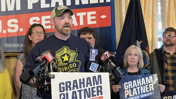 Senate candidate Graham Platner speaks during a press conference in Augusta hours after Gov. Janet Mills announced that she was suspending her bid for the Democratic nomination.