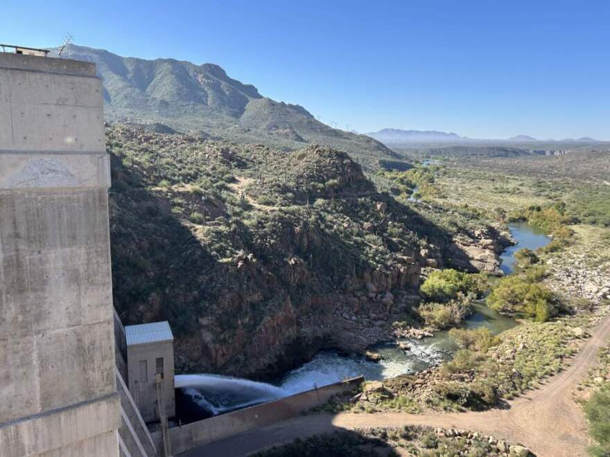 On a recent day, 1,100 gallons of water gushed from the base of the dam per second. (Peter O'Dowd/Here & Now)