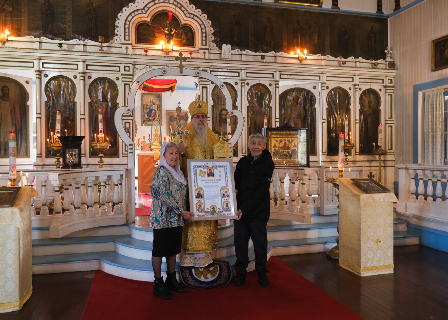 Archbishop Alexie of the Diocese of Sitka and Alaska traveled to Unalaska to honor Julia and Arnold Dushkin for their years of service to the church.