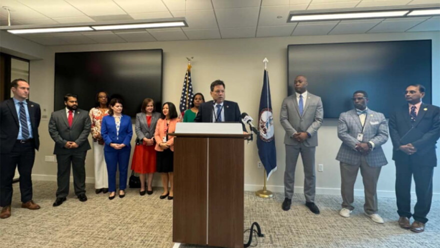Senate Majority Scott Surovell announces a collection of bills that will require action from Governor Glenny Youngkin within 7 days. (Photo by Brad Kutner, Radio IQ)
