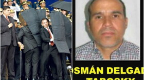 Venezuelan security guards shield President Nicolas Maduro as drones explode overhead in Caracas on August 4 (left); a government wanted poster accusing Venezuelan exile Osman Delgado of financing the drone attack.