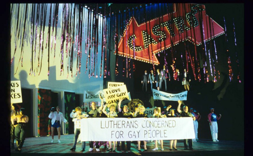 Stewart Wallace's opera <em>Harvey Milk</em>, recounting the story of the slain gay rights activist and San Francisco supervisor, opened at Houston Grand Opera in 1995. This photograph is from the West Coast premiere in San Francisco the following year.