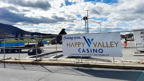 A construction crew works in the parking lot of the future Happy Valley Casino on Nov. 13, 2025. The casino will be inside the Nittany Mall in College Township. 