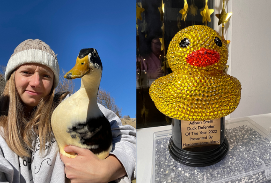 Left: a selfie of a white woman  holding a black and white dog up to the camera. Right: a bejeweled award shaped to look like a rubber duck with a plaque reading "Adison Smith Duck Defender Of The Year 2022 Presented By Humane Long Island"