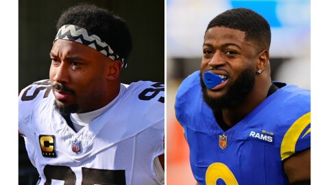 FILE - This photo combination shows Cleveland Browns defensive end Myles Garrett, left, in Cincinnati, Jan. 4, 2026, and Los Angeles Rams linebacker Jared Verse, Jan. 4, 2026, in Inglewood, Calif. 