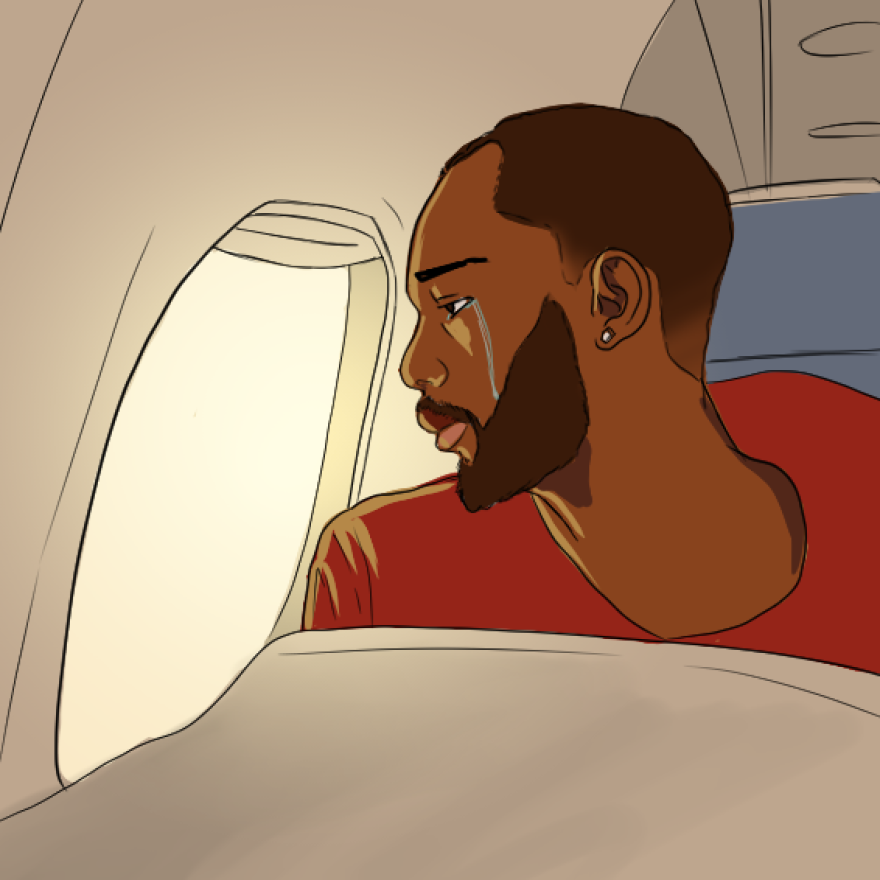 An illustration of a Black man sitting on an airplane from the seat in front of him. He is looking out the window with a tear running down his face. He is wearing a red shirt, has a beard and is wearing an earring in the ear that is visible in the illustration.