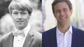 side by side images of two white men in suits, one in black and white (Nick Graeter) and other other in color (Tim Ashe)