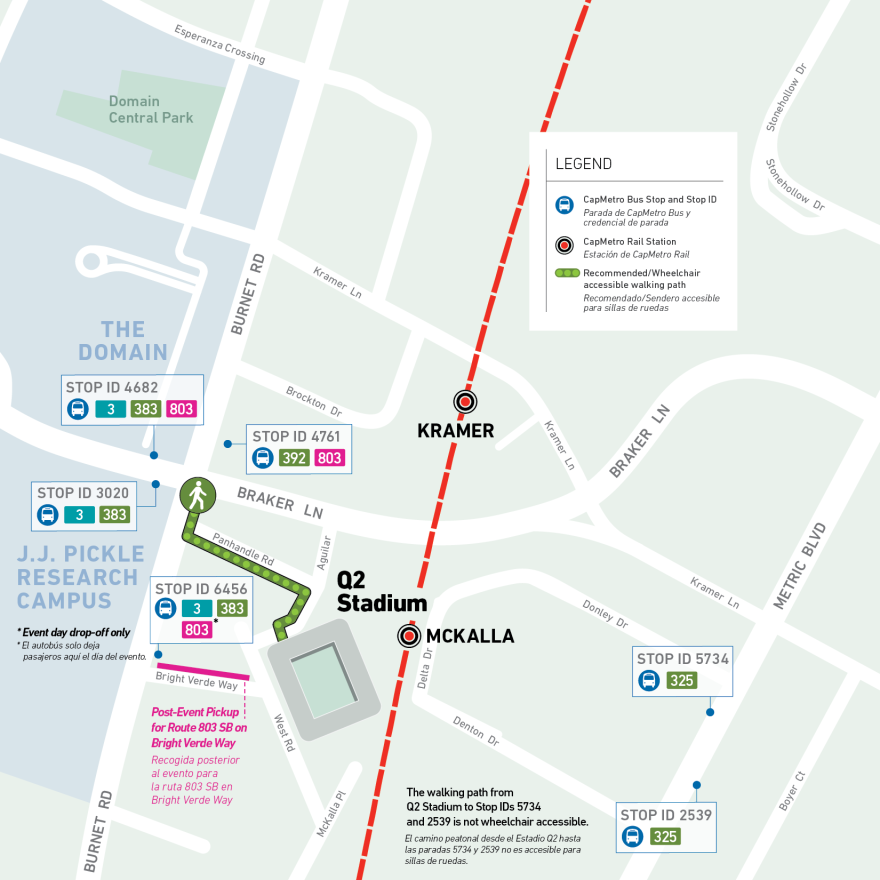 A map showing the various bus and train stations around Q2 Stadium.