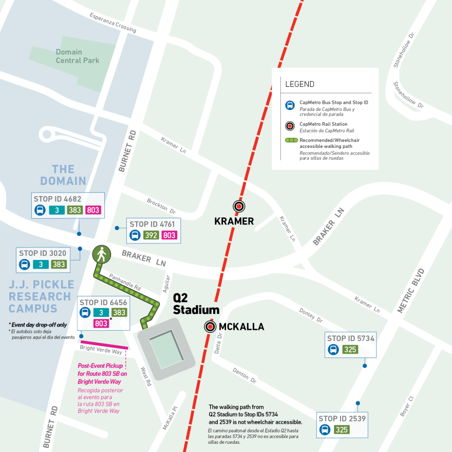 A map showing the various bus and train stations around Q2 Stadium. 