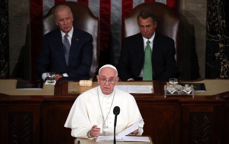 Pope Francis speaks in the House Chamber of the U.S. Capitol on Thursday. He is the first pope to address a joint meeting of Congress.